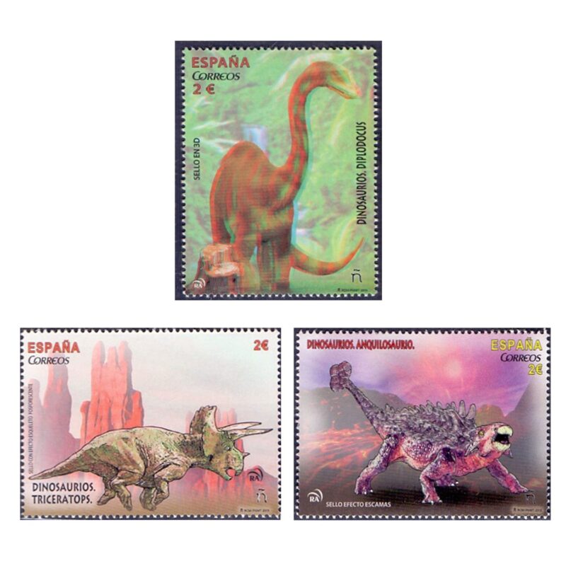 Spain Dinosaurios - Tiranosaurio 3v Stamp [textura escamas R.A. Fosforescencia 3D]