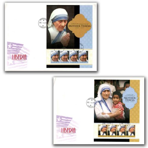 2010 Liberia Mother Teresa 100th Birth Anniversary 2 Different Sheetlets on 2 FDCs