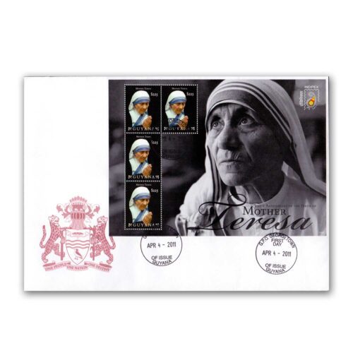 2011 Guyana Mother Teresa 100th Birth Anniversary Indipex Sheetlet on FDC