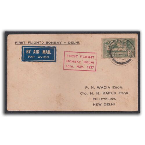 1937 First Flight Bombay - Delhi Airmail Cover from Bombay to Delhi with delivery cds on reverse (SG220)