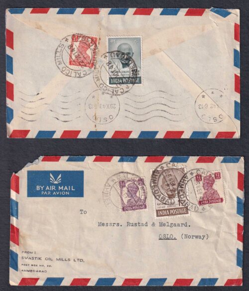 1948 Mahatma Gandhi Set of 2 Airmail Cover addressed to Oslo, Norway (Rare Destination)