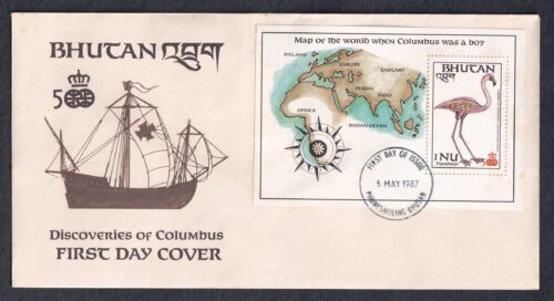 1987 Bhutan Discoveries of Columbus Miniature Sheet on FDC (1NU)