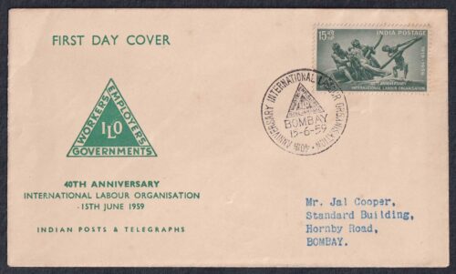 1959 40th Anniversary of International Labour Organisation (The Triumph of Labour, DP Roy Choudhary) 1v Stamp on FDC Postally Used