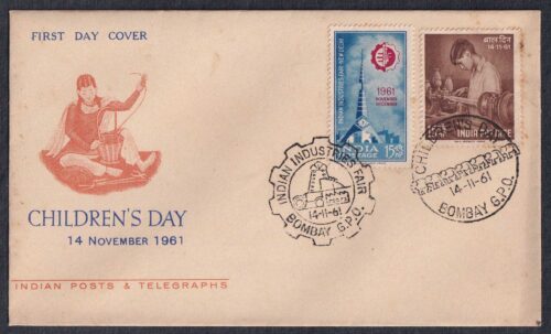 1961 National Childrens Day 1v Stamp combination with Indian Industries Fair 1v Stamp on Children's Day FDC