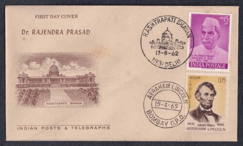 1962 Retirement of President Dr Rajendra Prasad 1v Stamp in combination with 1965 Abraham Lincoln 1v Stamp on Rajenda Prasad FDC