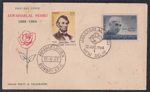 1964 Jawaharlal Nehru Mourning Issue 1v Stamp in combination with 1965 Abraham Lincoln 1v Stamp on FDC