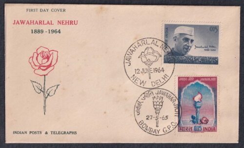 1964 Jawaharlal Nehru Mourning Issue 1v Stamp in Combination with 1965 Jawahar Jyoti 1v Stamp on FDC