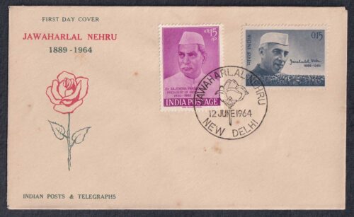 1964 Jawaharlal Nehru Mourning Issue 1v Stamp in combination with 1962 Rajendra Prasad 1v Stamp on FDC