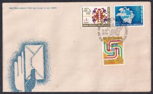 1974 Centenary Of Union Postale Universelle (U.P.U Emblem, Des :-  C . R. Pakrashi, Birds & Nest & U.P.U Emblem & Arrows Encircling Globe) 3v Stamp on FDC