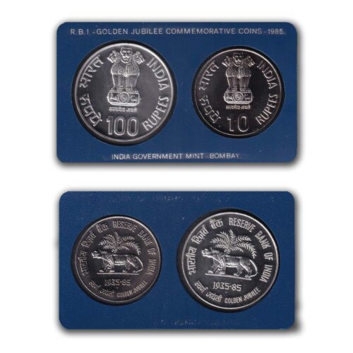 1985 Golden Jubilee of Reserve Bank of India 2pcs UNC Coin Set in Original Packaging with Outer Box