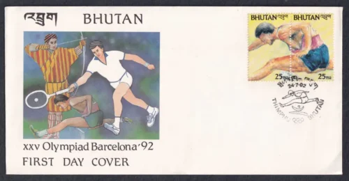 1992 Bhutan XXV Olympiad Barcelona 2v Setenant Stamp on FDC