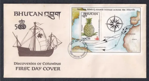 1987 Bhutan Discoveries of Columbus Miniature Sheet on FDC (20CH)