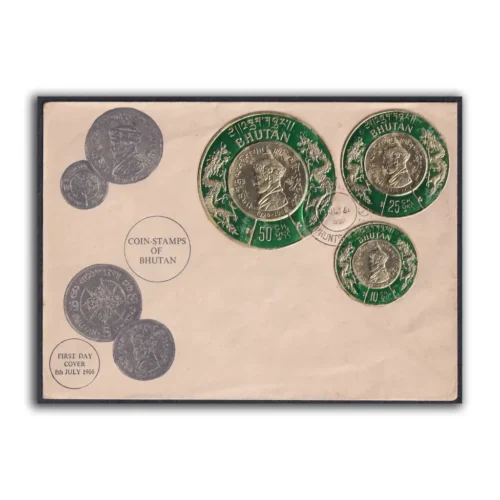 1966 Bhutan Coin Stamps Gold Foil 9v Stamp on 3 FDCs