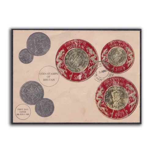 1966 Bhutan Coin Stamps Gold Foil 9v Stamp on 3 FDCs - Image 3