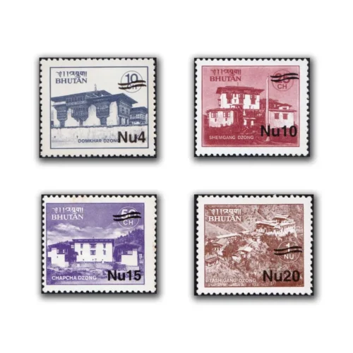 2002 Bhutan Buddhism Dzong Surcharged 4v Stamp