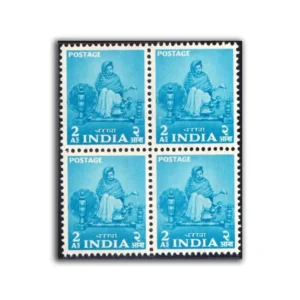 1955 Lady at Charkha 2a (2nd Series) (wmk. Multi Star Sideways) Definitive Stamp Block of 4