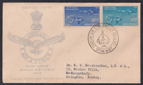 1958 Indian Air Force Silver Jubilee (Westland Wapiti Biplane and Hawker Hunter) 2v Stamp on FDC Postally Used