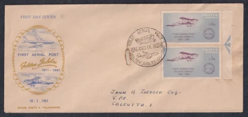 1961 50th Anniversary of First Official Airmail Flight, Allahabad to Naini (Henri Pequet flying Bi-plane) 1v Stamp on FDC Postally Used Type I