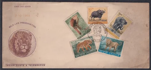 1963 Wild Life Preservation (Wild Ox, Himalyan Lesser Panda, Indian Elephant, Tiger, Indian Lion) 5v Stamp on FDC