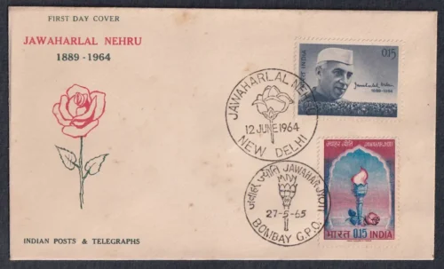 1964 Jawaharlal Nehru Mourning Issue 1v Stamp in Combination with 1965 Jawahar Jyoti 1v Stamp on FDC
