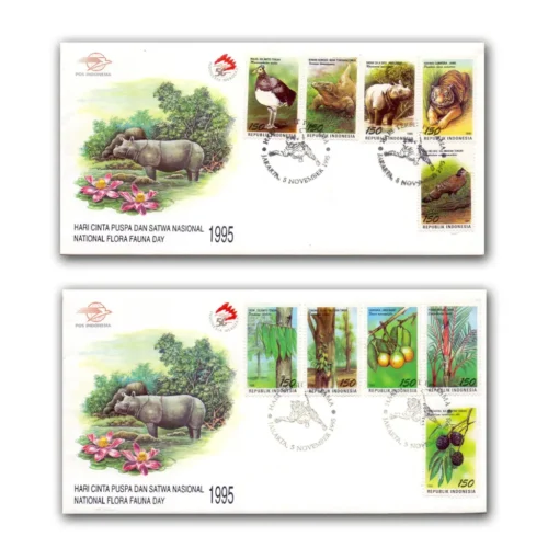 1995 Indonesia National Flora and Fauna Day 10v Stamp on 2 different FDC