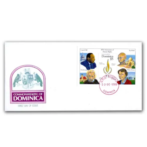 1988  Dominica Gandhi 40th Anniversary of Human Rights Miniature Sheet on FDC