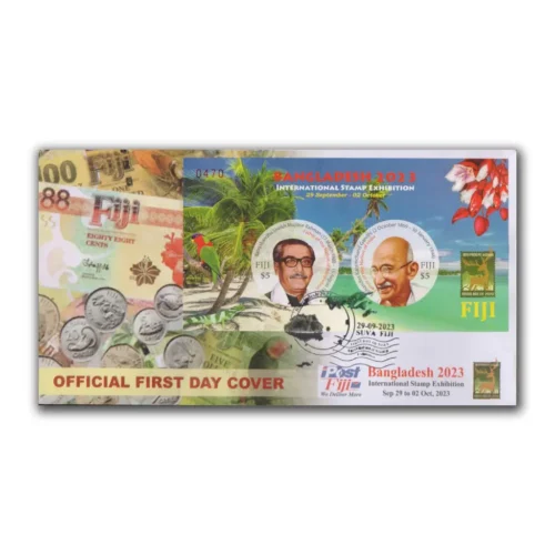 2023 Fiji Mahatma Gandhi and Mujibur Rahman Bangladesh International Stamp Exhibition Miniature Sheet on FDC (Imperf)