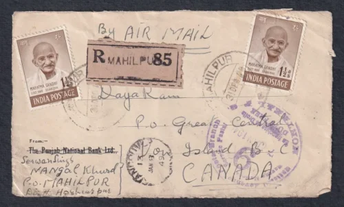 1948 Mahatma Gandhi Registered Airmail Cover Front tied with 1.5 annas stamp to Canada with delivery marking