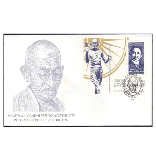 1997  South Africa Gandhi 50th Anniversary of the Congress Alliance for a Democratic Country Miniature Sheet on FDC