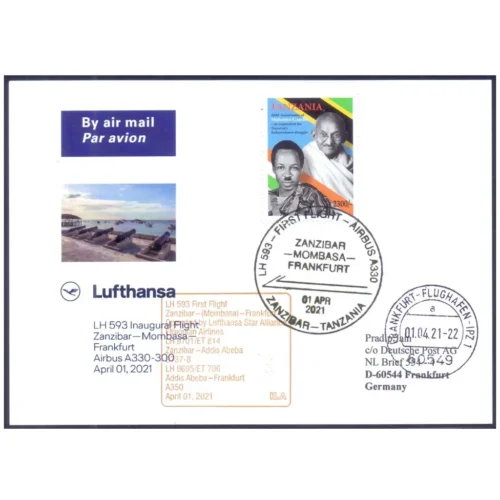2021  Tanzania Gandhi 150th Birth Anniversary 1v Stamp on Luftansa (Zanzibar to Mombasa) Flight Cover