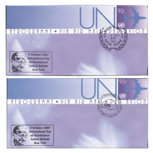 2007  United Nations Gandhi Aerogramme with International Day of Non-Violence 2 Different Pictorial Cancellation