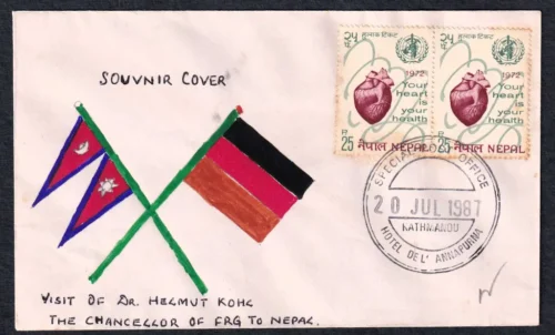 1987 Nepal Visit of Dr. Helmut Kohl The Chancellor of FRG Hand Painted Souvenir Cover (Set of 3) - Image 2