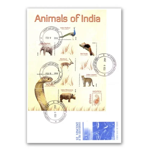 2011 St. Vincent & The Grenadines Animals of India (Indipex) 7v Sheetlet on FDC