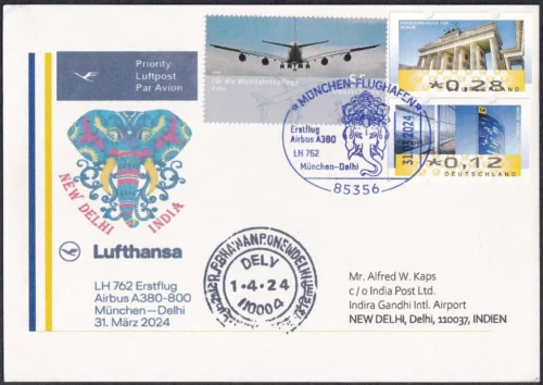 2024 Luftansa Airlines Flight from Munich (Germany) to New Delhi with Lord Ganesha in Cancellation on Matching Picture Postcard