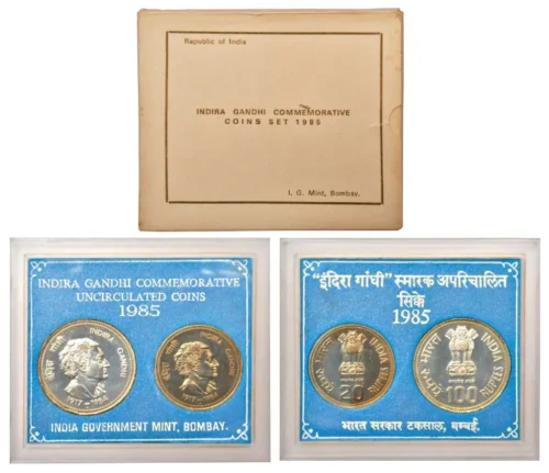 1985 Indira Gandhi Commemorative 2pcs Proof Coin Set in Original Packaging with Outer Box