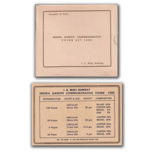 1985 Indira Gandhi Commemorative 2pcs UNC Coin Set in Original Packaging with Outer Box