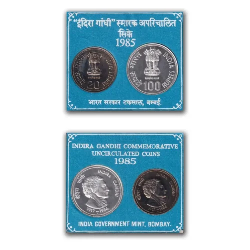 1985 Indira Gandhi Commemorative 2pcs UNC Coin Set in Original Packaging with Outer Box - Image 2