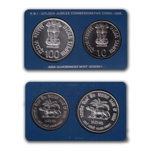 1985 Golden Jubilee of Reserve Bank of India 2pcs UNC Coin Set in Original Packaging with Outer Box - Image 2