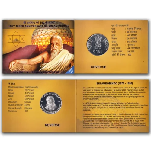 2023 150th Birth Anniversary of Sri Aurobindo UNC coin set 1Pcs (Rs.150) Folder Packing