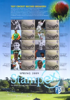 2009 Great Britain Stampex Test Cricket Record Breakers 10v Stamp Sheet