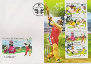 2014 Togolese Cricket (Rahul Dravid, Chris Gayle, Ricky Ponting, Adam Gilchrist) Stamp Sheetlet Type II on FDC