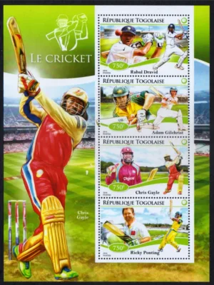 2014 Togolese Cricket (Rahul Dravid, Chris Gayle, Ricky Ponting, Adam Gilchrist) Stamp Sheetlet Type II
