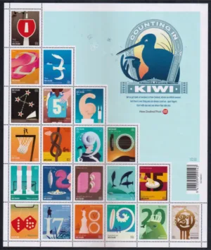 2011 New Zealand Counting in Kiwi depicting Umpire Billy Bowden signalling Six Runs in Cricket Match 21v Miniature Sheet