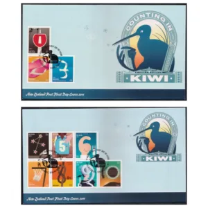 2011 New Zealand Counting in Kiwi depicting Umpire Billy Bowden signalling Six Runs in Cricket Match 21v Stamp on 3 different FDCs