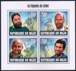 2014 Niger Cricket Legends (Sachin Tendulkar, Inzamam-ul-Haq, Sanath Jayasuriya) 4v Stamp Sheetlet