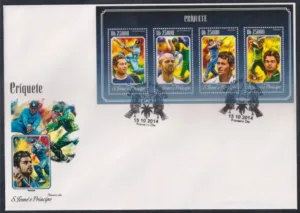 2014 S Tome E Principe Cricket (Virat Kohli, JP Duminy, Sachin Tendulkar) 4v Stamp Sheetlet on FDC