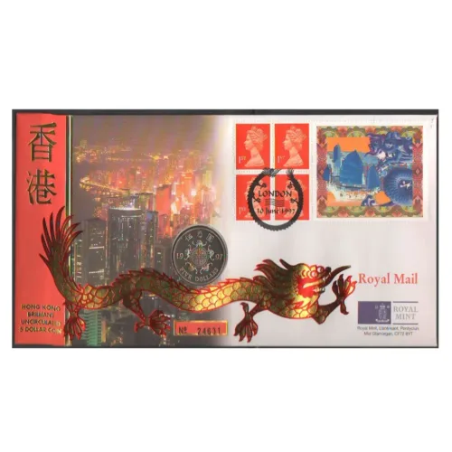 1997 Dragon FDC With Hongkong Brilliant UNC $5 Coin on Longevity and Five Blessing