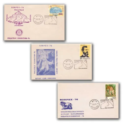 1976 Junagadh Sorpex Philatelic Exhibition Cover with Girnar Hill in Cancellation (Set of 3)