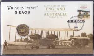 2019 Australia Centenary of England To Australia First Flight Vickers "Vimy" G-EAOU 1v Stamp on FDC with Coin Attached Type I