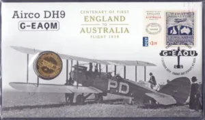 2019 Australia Centenary of England To Australia First Flight Vickers Airco DH9 G-EAQM 1v Stamp on FDC with Coin Attached